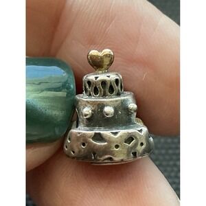 Pandora sterling silver and 14k gold Celebration Wedding Cake charm ALE 925